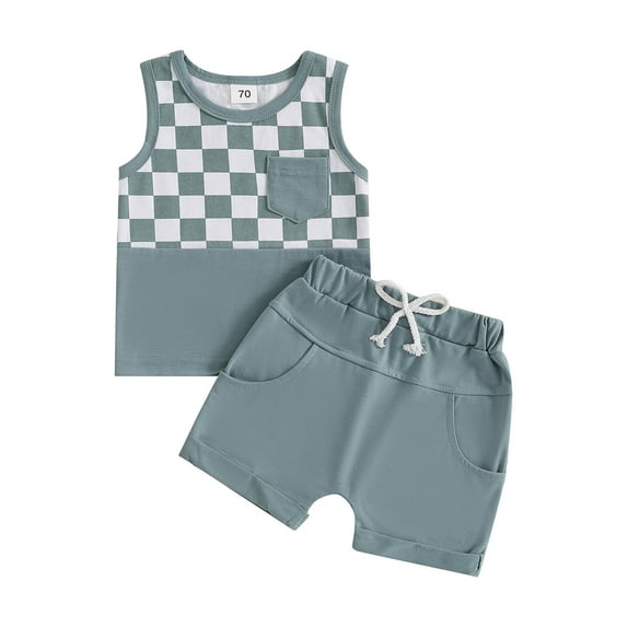 Toddler Baby Boys Summer Outfits 3 6 12 18 24 Months 2T 3T Checkerboard Patchwork Round Neck Sleeveless Tank Tops Elastic Waist Shorts 2Pcs Clothes Set