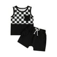 thumbnail image 1 of Toddler Baby Boys Summer Outfits 3 6 12 18 24 Months 2T 3T Checkerboard Patchwork Round Neck Sleeveless Tank Tops Elastic Waist Shorts 2Pcs Clothes Set, 1 of 9