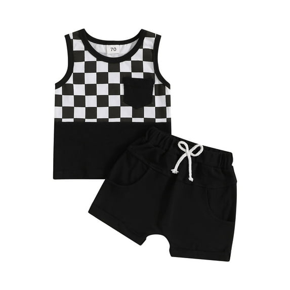Toddler Baby Boys Summer Outfits 3 6 12 18 24 Months 2T 3T Checkerboard Patchwork Round Neck Sleeveless Tank Tops Elastic Waist Shorts 2Pcs Clothes Set