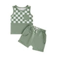 thumbnail image 1 of Toddler Baby Boys Summer Outfits 3 6 12 18 24 Months 2T 3T Checkerboard Patchwork Round Neck Sleeveless Tank Tops Elastic Waist Shorts 2Pcs Clothes Set, 1 of 9