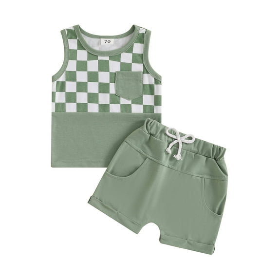 Toddler Baby Boys Summer Outfits 3 6 12 18 24 Months 2T 3T Checkerboard Patchwork Round Neck Sleeveless Tank Tops Elastic Waist Shorts 2Pcs Clothes Set