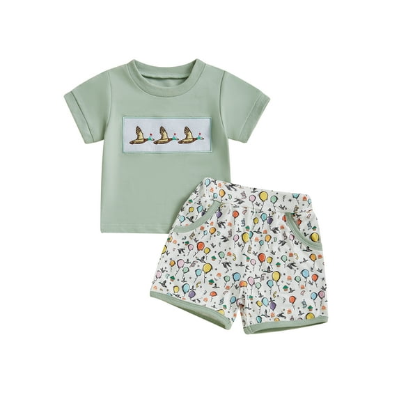 Toddler Baby Boys Summer Outfits 6 12 18 24 Months 2T 3T 4T Duck Embroidered Short Sleeve T-Shirts Elastic Waist Shorts 2Pcs Clothes Set