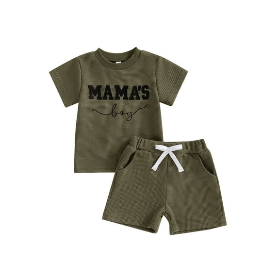 Toddler Baby Boys Summer Outfits 6 12 18 24 Months 2T 3T Letter Embroidered Waffle Short Sleeve T-Shirts Elastic Waist Shorts 2Pcs Clothes Set