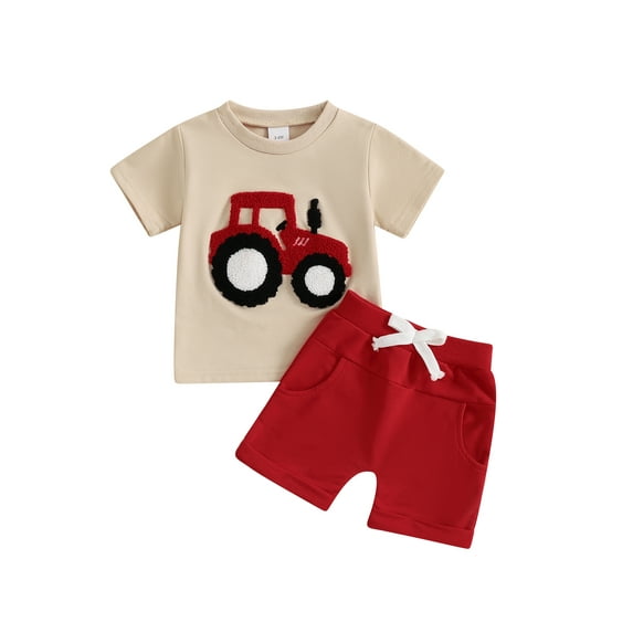 Toddler Baby Boys Summer Outfits Sets 3 6 12 18 24 Months 2T 3T Truck Embroidered Round Neck Short Sleeve T-Shirts Elastic Waist Shorts 2Pcs Clothes Set
