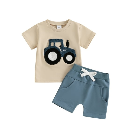 Toddler Baby Boys Summer Outfits Sets 3 6 12 18 24 Months 2T 3T Truck Embroidered Round Neck Short Sleeve T-Shirts Elastic Waist Shorts 2Pcs Clothes Set