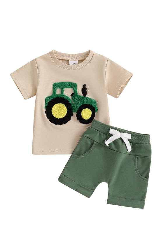 Toddler Baby Boys Summer Outfits Sets 3 6 12 18 24 Months 2T 3T Truck Embroidered Round Neck Short Sleeve T-Shirts Elastic Waist Shorts 2Pcs Clothes Set