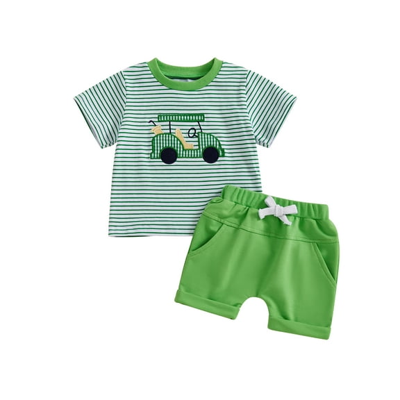 Toddler Baby Boys Summer Shorts Set 3 6 12 18 24 Months 2T 3T Golf Cart Patch Striped Short Sleeve Round Neck Tops Elastic Waistband Shorts