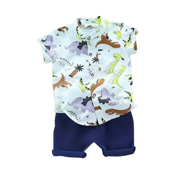 Toddler Baby Boys Summer Shorts Set Dinosaur Print Short Sleeved Shirt Top and Solid Color Shorts 2PCS Clothes Set