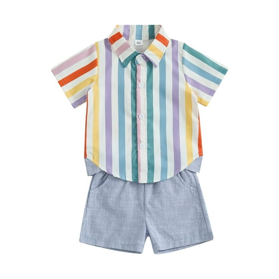 Toddler Baby Boys Summer Shorts Set, Short Sleeve Striped Shirt with Elastic Waist Shorts Set