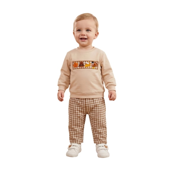 Toddler Baby Boys Thanksgiving Outfits Adorable Pumpkin Pie Embroidery Long Sleeve Round Neck Sweatshirt and Plaid Pants Set
