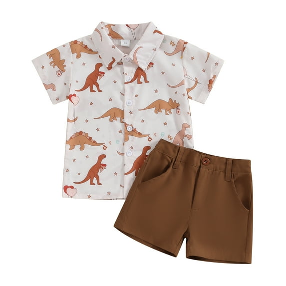 Toddler Baby Boys Valentine's Day Clothes Short Sleeve Dinosaur Print Shirt and Solid Color Shorts Sets