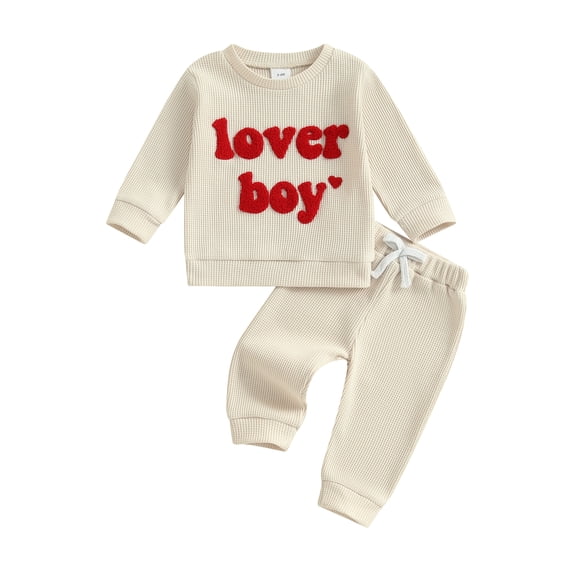 Toddler Baby Boys Valentine's Day Outfits 0 6 12 18 24 Months 2T 3T Letter Embroidery Ribbed Long Sleeve Baby Sweatshirts with Drawstring Pants 2 Pcs Clothing Set