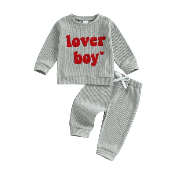 Toddler Baby Boys Valentine's Day Outfits 0 6 12 18 24 Months 2T 3T Letter Embroidery Ribbed Long Sleeve Baby Sweatshirts with Drawstring Pants 2 Pcs Clothing Set