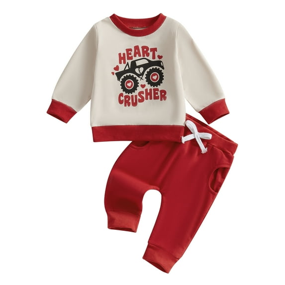 Toddler Baby Boys Valentine's Day Outfits 3 6 12 18 24 Months 2T 3T Heart Truck Print Crew Neck Long Sleeve Sweatshirts Long Pants 2Pcs Clothes Set