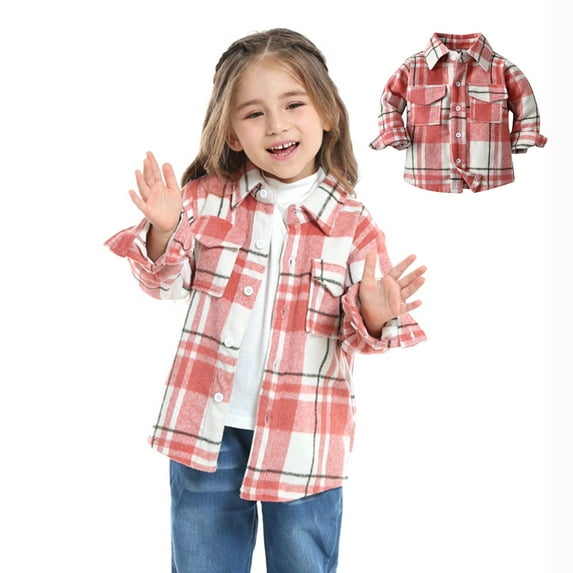 Toddler Baby Boys and Girls Plaid Shirts Jacket Long Sleeve Lapel Button Down Shirt Top Outwear Clothes La-Pink-(18-24 Months)