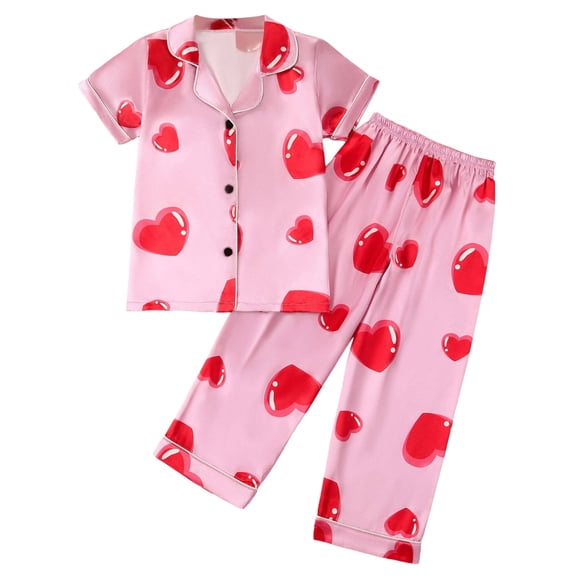 Toddler Baby Button Down Pajamas Set Hearts Printed Short Sleeve Clothes Sleepwear Lapel Collar Summer Girls Pajamas Hot Pink,18-24 Months