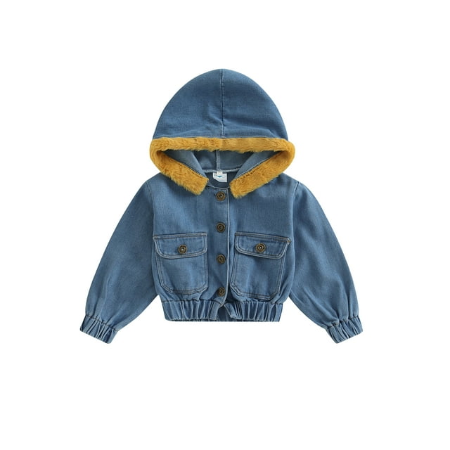Toddler Baby Denim Jacket for Girls, Blue Long Sleeve Single Breasted Hooded Coat with Flap Pockets