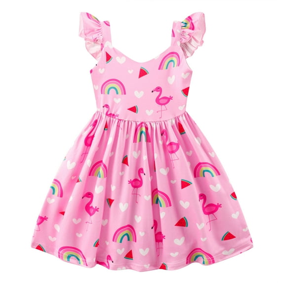 Toddler Baby Dress for Girls Summer Flamingo Rainbow Print Dresses 2T Flutter Sleeve Backless Swing Sundress (571-2)