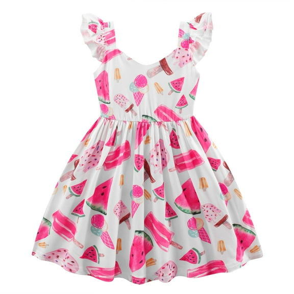 Toddler Baby Dress for Girls Summer Ice Cream Watermelon Print Dresses 2T Flutter Sleeve Backless A-line Sundress (568-2)