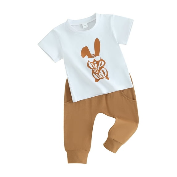 Toddler Baby Easter Outfit, Short Sleeve Crew Neck Letters Bunny Print T-shirt with Long Pants Summer Outfit