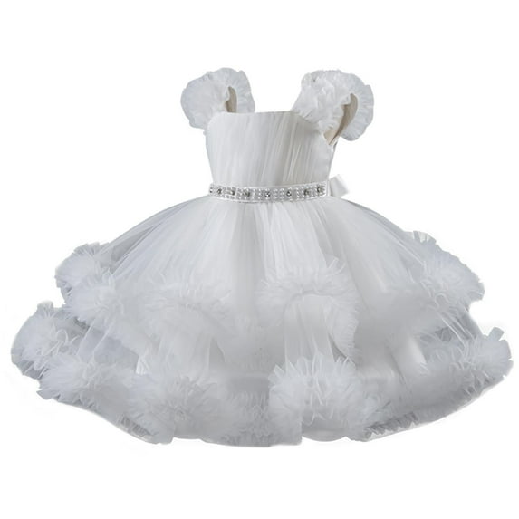 Toddler Baby Flower Girls Ruffle A-Line Tulle Tutu Pageant Dress Princess Wedding Birthday Party Gown for 1-7 Years