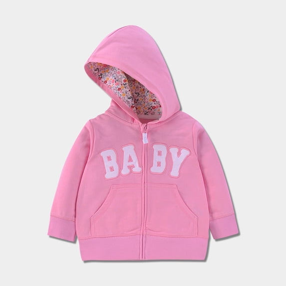 Toddler Baby Full Zip Hooded Jacket,Soft Cotton Sweatshirt Coat, Floral Lined Hood Casual Outerwear for Boys Girls Pink 18-24 Months