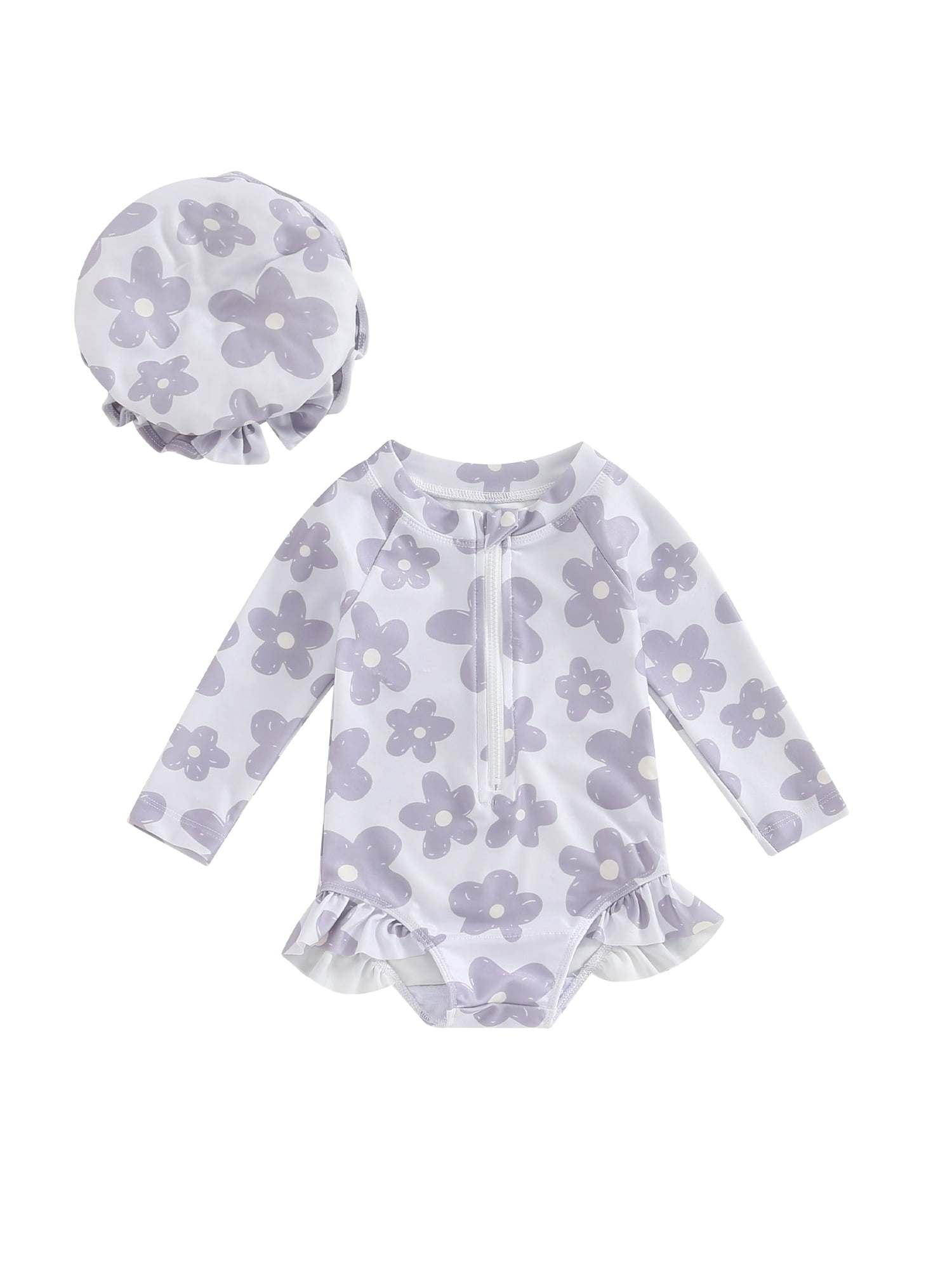 Babyhug Sleeveless Frock Swimsuit With Bow Applique & Swimming Cap - Purple