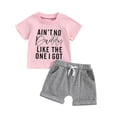 thumbnail image 1 of Toddler Baby Girl 2Pcs Outfit 1T 2T 3T 4T 5T Girls Summer Clothes Short Sleeve Letter T Shirts Tops +Solid Color Shorts Set, 1 of 7