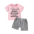 thumbnail image 1 of Toddler Baby Girl 2Pcs Outfit 1T 2T 3T 4T 5T Girls Summer Clothes Short Sleeve Letter T Shirts Tops +Solid Color Shorts Set, 1 of 7