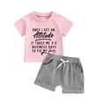 thumbnail image 1 of Toddler Baby Girl 2Pcs Outfit 1T 2T 3T 4T 5T Girls Summer Clothes Short Sleeve Letter T Shirts Tops +Solid Color Shorts Set, 1 of 7
