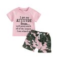 thumbnail image 1 of Toddler Baby Girl 2Pcs Outfit 1T 2T 3T 4T 5T Summer Clothes Short Sleeve Letter T Shirts Tops +Camouflage Shorts Set, 1 of 7