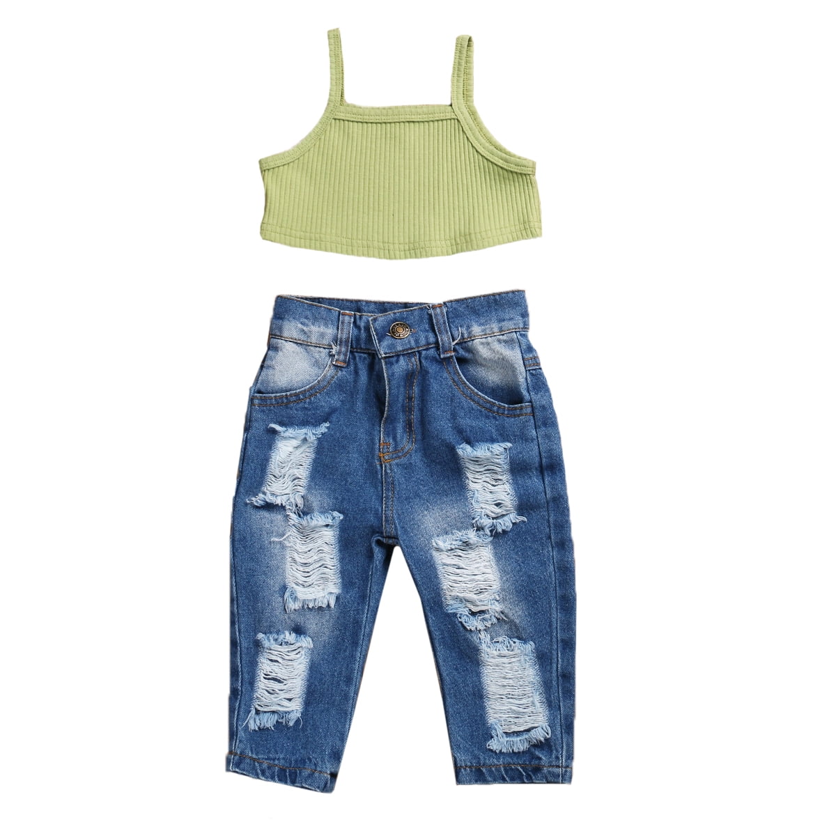 Crop Top Baby Girl Destroyed Jeans Clothing Ripped Jeans With Net