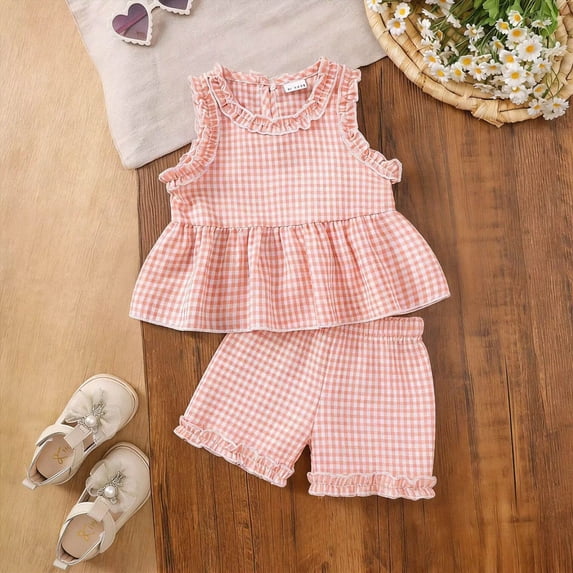 Toddler Baby Girl 2Pcs Summer Plaid Outfit Sleeveless Ruffle Peplum Tank Top & Shorts Set