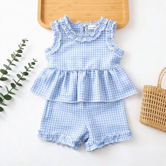 Toddler Baby Girl 2Pcs Summer Plaid Outfit Sleeveless Ruffle Peplum Tank Top & Shorts Set