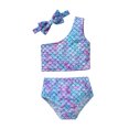 thumbnail image 1 of Toddler Baby Girl 3 Piece Beach Wear Swimsuit One Shoulder Floral Leopard Mermaid Bikini Bathing Suit, 1 of 9