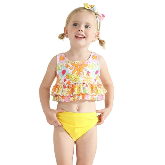 Toddler Baby Girl 3Pcs Bikini Swimsuit Set Sleeveless Tank Tops with Shorts and Headband Bikini Swimwear Summer Beach Bathing Suit 18M-5T