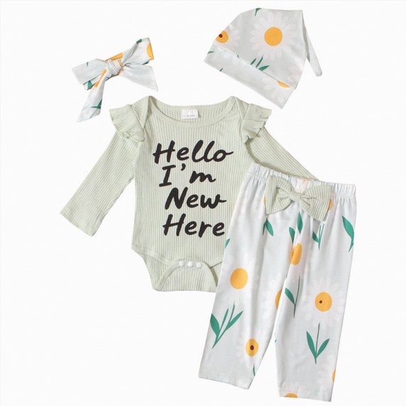 Toddler Baby Girl 4 Piece Outfit Ribbed Ruffle Long Sleeve Bodysuit Print Pants Bow Headband Hat Set Newborn Kaprioy Girls Clothes Fall Winter