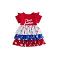 thumbnail image 1 of Toddler Baby Girl 4th of July Dress Outfit Patriot Independence Day Dress I Love American Letters Short Sleeve Doll Collar Red White Blue Star Striped Print Bow Layered Summer Holiday Party Dress, 1 of 9