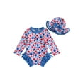 thumbnail image 1 of Toddler Baby Girl 4th Of July Rash Guard Swimsuit Zip Up Ruffled Long Sleeve Crew Neck Swimwear Star Print Bathing Suit with Sun Hat Fourth Of July Outfits, 1 of 8