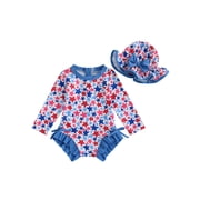 Toddler Baby Girl 4th Of July Rash Guard Swimsuit Zip Up Ruffled Long Sleeve Crew Neck Swimwear Star Print Bathing Suit with Sun Hat Fourth Of July Outfits