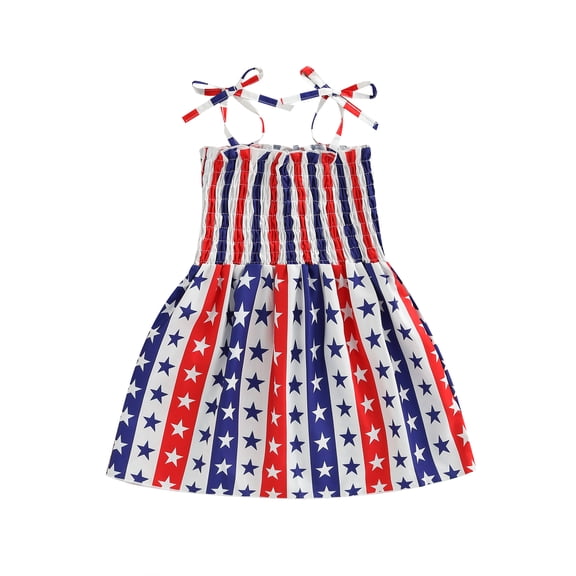 Toddler Baby Girl 4th of July Dress  18M 2M 3Y 4Y 5Y 6Y Sleeveless Smocked Stars and Stripes Spaghetti Strap Dress Summer Clothes