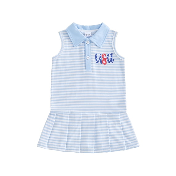 Toddler Baby Girl 4th of July Dress American Flag Stripes Sleevless Ruffle Lapel Dresses