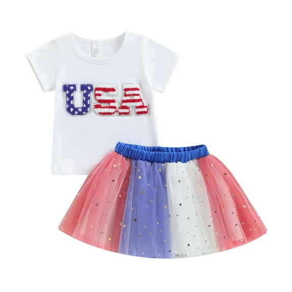 Toddler Baby Girl 4th of July Outfit American Flag T-Shirt And Tulle Tutu Skirts Set Kids Fourth Of July Dress Summer Clothes