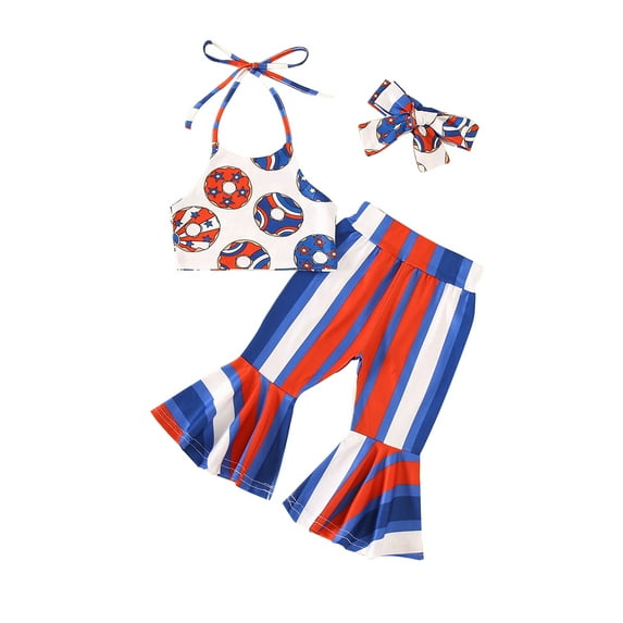 Toddler Baby Girl 4th of July Outfit Floral Print Sleeveless Halter Crop Vest Top with Flare Pants Set Patriotic Clothes