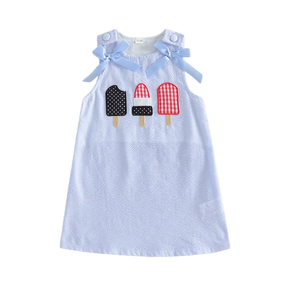 Toddler Baby Girl 4th of July Outfit Popsicle Embroidery Striped Sleeveless Tank Dress Bowknot A Line Patriotic Dress Summer Clothes