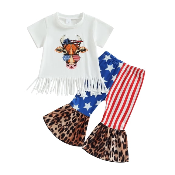 Toddler Baby Girl 4th of July Outfit Short Sleeve T Shirt Top 6M 12M 18M 24M  American Flag Flared Pants Memorial Day Clothes