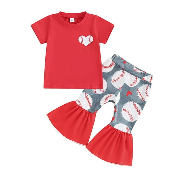 Toddler Baby Girl Baseball Outfit Letter Short Sleeve T Shirt Tops Bell Bottoms Pants Summer Baseball Clothes