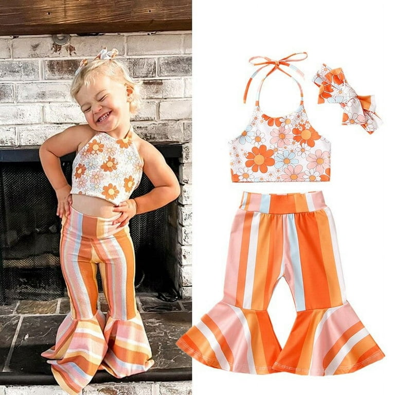 Toddler Baby Girl Bell Bottom Outfit Boho Floral Print Sleeveless Halter  Crop Top Flare Pants Set Summer Clothes 