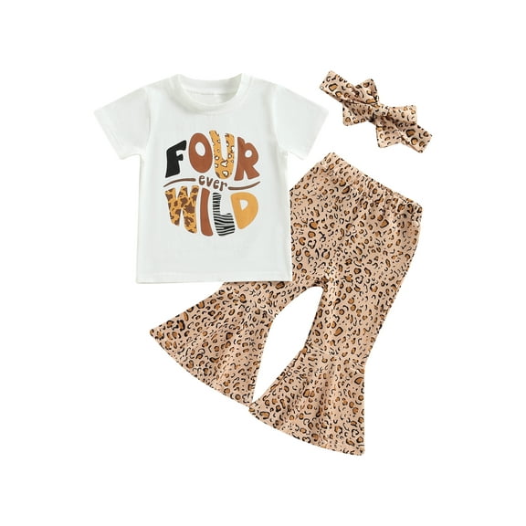 Toddler Baby Girl Birthday Outfit 4th Four Ever Wild Shirts Leopard Bell Bottoms 4 Year Old Birthday Outfit Girl