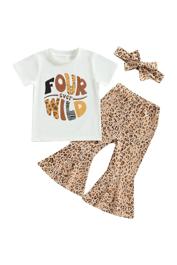 Toddler Baby Girl Birthday Outfit 4th Four Ever Wild Shirts Leopard Bell Bottoms 4 Year Old Birthday Outfit Girl